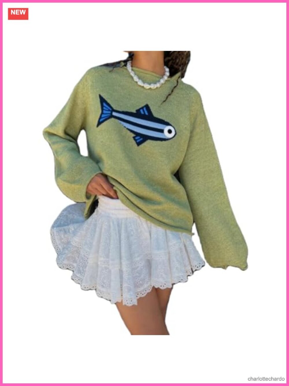 Women Rib Knit Fish Graphic Sweater Crew Neck Oversized Vintage Pullover